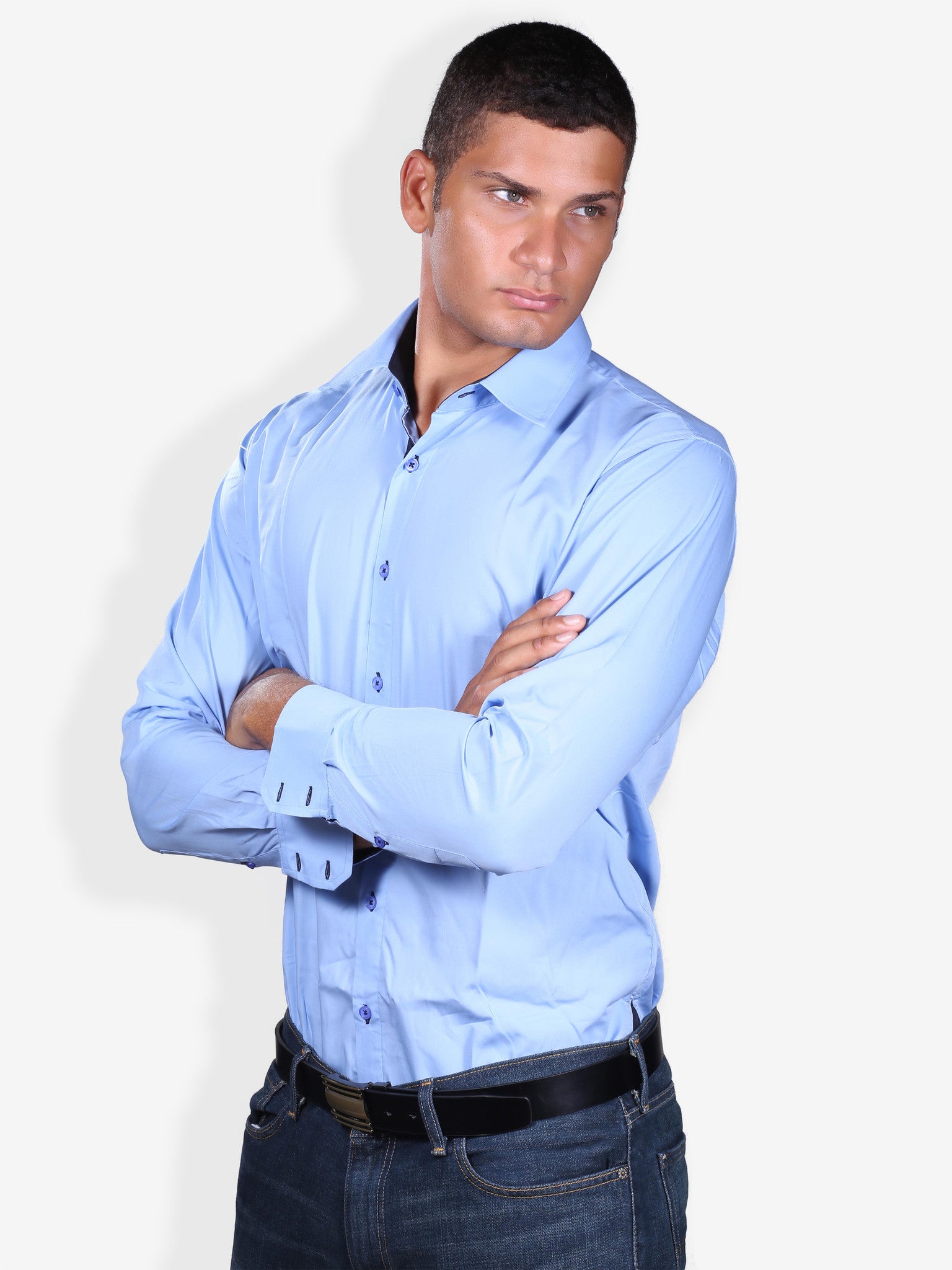 Slim Fit Long Sleeve Contrast Placket European Shirt - Sky Blue Cotton Cool Slim Fit Long Sleeve Contrast Placket European Shirt - Sky Blue Cotton Cool