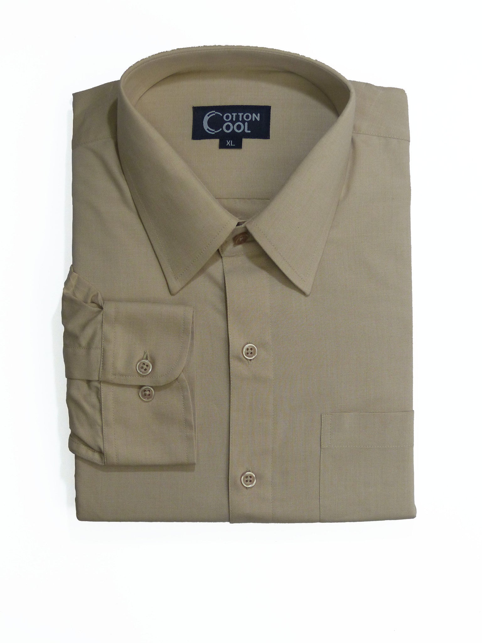 Slim Fit Point Collar Long Sleeve Shirt, Textured Solid - Khaki Cotton Cool Slim Fit Point Collar Long Sleeve Shirt, Textured Solid - Khaki Cotton Cool