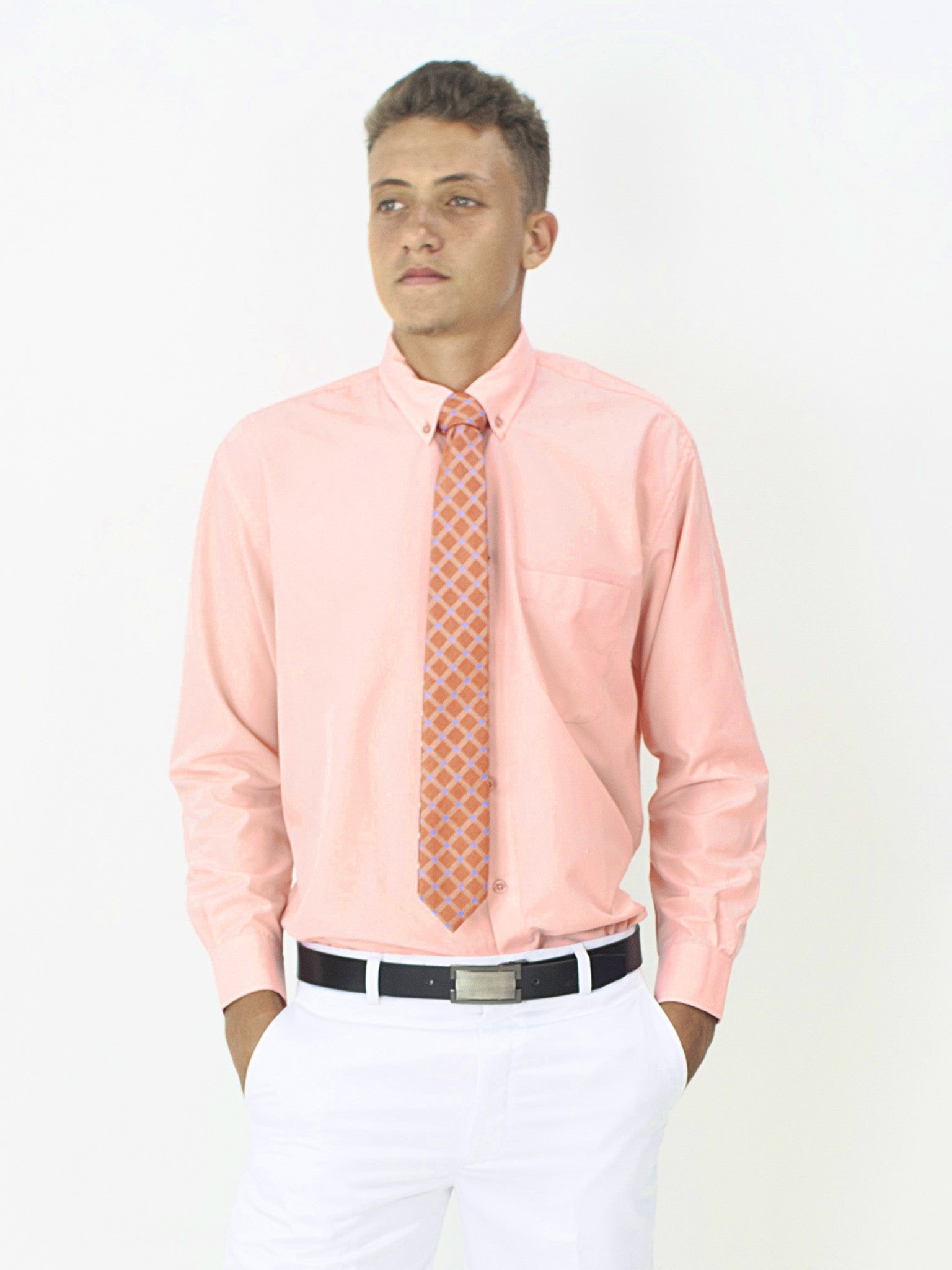 Slim Fit Button-Down Collar Long Sleeve Shirt, Classic I Solid - Peach Cotton Cool Slim Fit Button-Down Collar Long Sleeve Shirt, Classic I Solid - Peach Cotton Cool