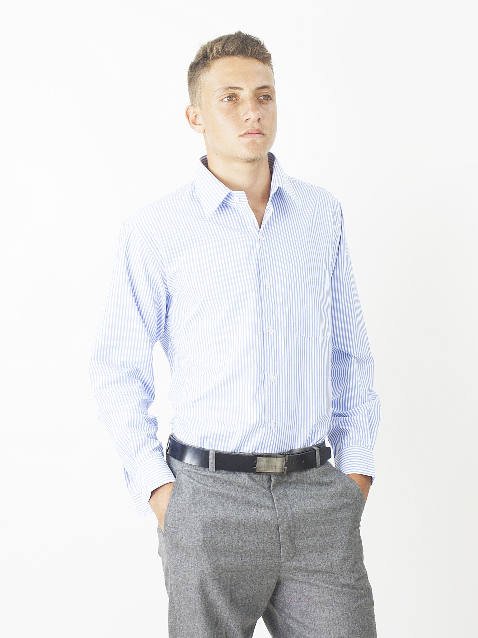 Slim Fit Point Collar Long Sleeve Striped Shirt - Blue Cotton Cool Slim Fit Point Collar Long Sleeve Striped Shirt - Blue Cotton Cool