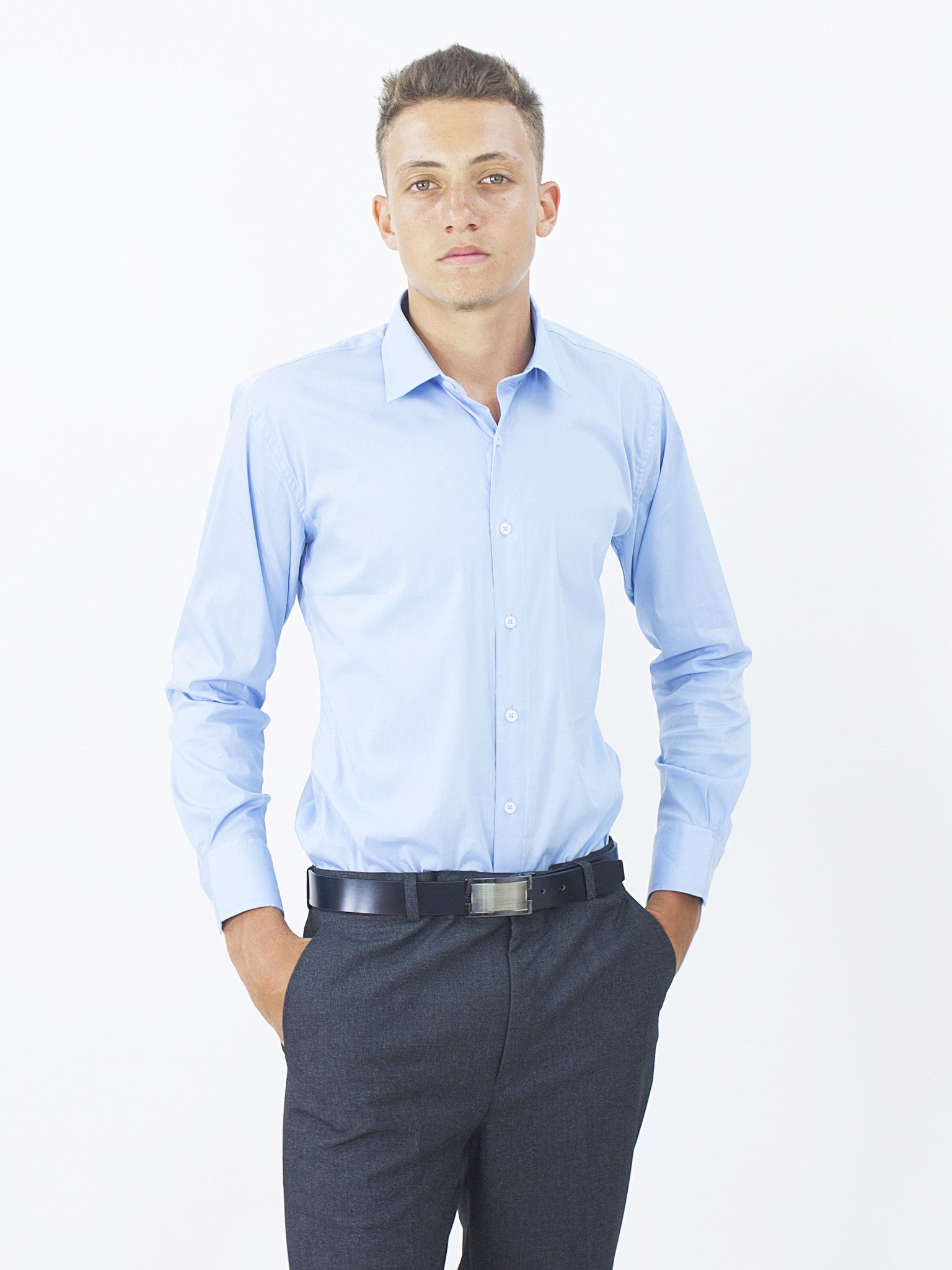 Slim Fit Point Collar Long Sleeve Shirt, Classic I Solid - Light Blue Cotton Cool Slim Fit Point Collar Long Sleeve Shirt, Classic I Solid - Light Blue Cotton Cool